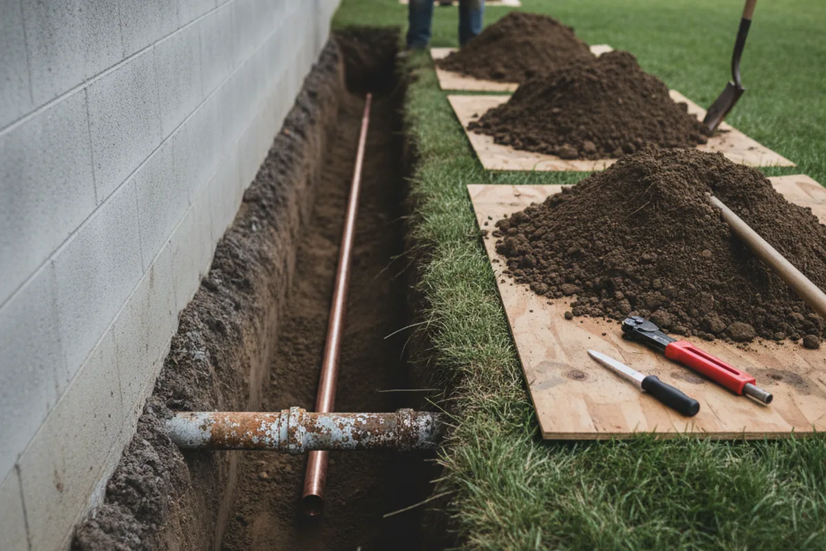 Excavated water line trench during Water Softener Installation in Flournoy